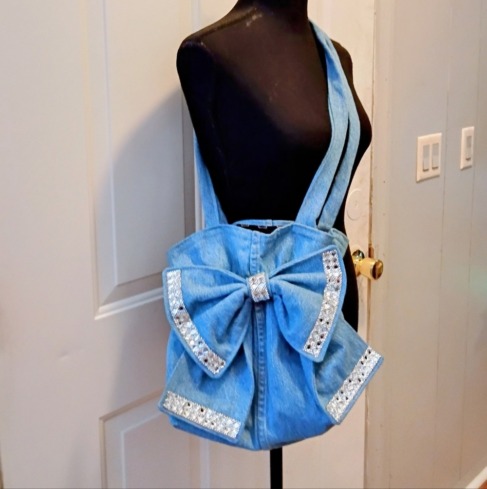 Denim Bow Accent Shoulder Bag for Women - Picture 2 of 3